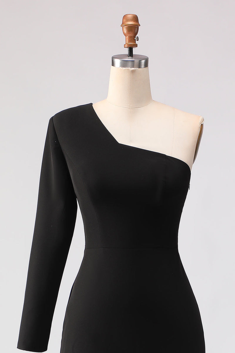 Laden Sie das Bild in den Galerie-Viewer, Schwarzes Einschulteriges Meerjungfrauen Satin Kleid der Mutter der Braut mit Schlitz