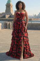 Laden Sie das Bild in den Galerie-Viewer, Schwarzes Rotes Blumen A-Linie Korsett Langes Gestuftes Ballkleid mit Schlitz