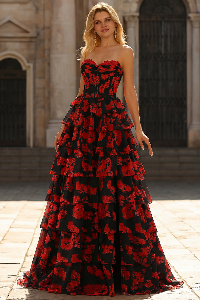 Laden Sie das Bild in den Galerie-Viewer, Schwarzes Rotes Blumen A-Linie Korsett Langes Gestuftes Ballkleid mit Schlitz