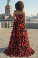 Laden Sie das Bild in den Galerie-Viewer, Schwarzes Rotes Blumen A-Linie Korsett Langes Gestuftes Ballkleid mit Schlitz