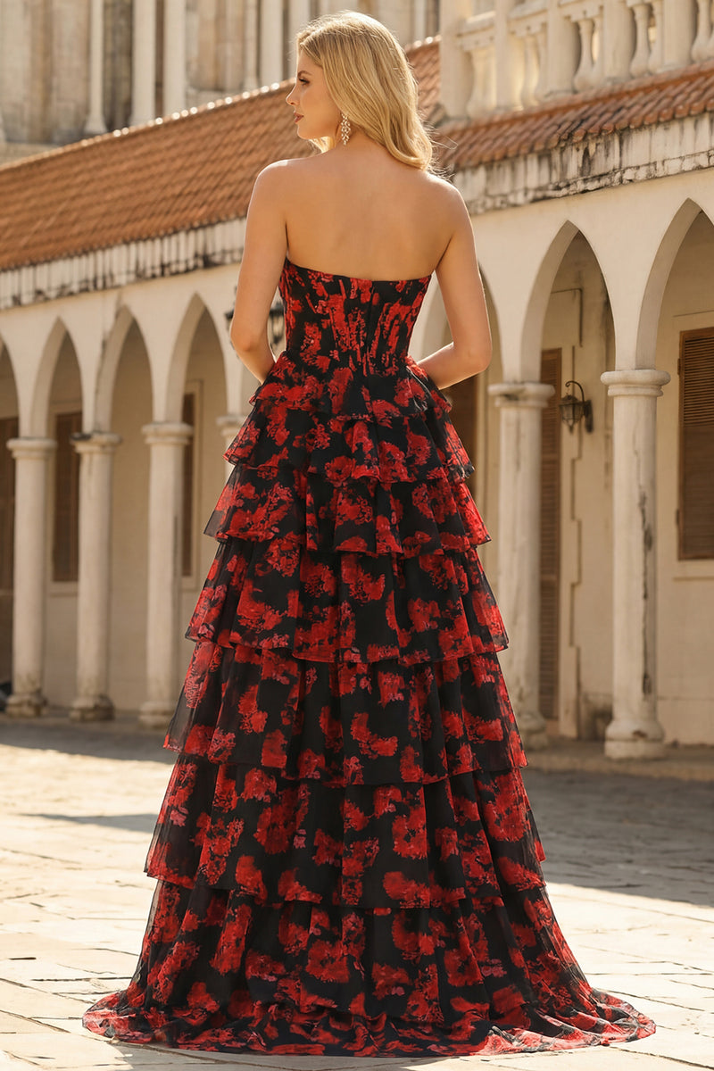 Laden Sie das Bild in den Galerie-Viewer, Schwarzes Rotes Blumen A-Linie Korsett Langes Gestuftes Ballkleid mit Schlitz