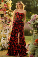 Laden Sie das Bild in den Galerie-Viewer, Schwarze Rote Blume A-Linie Herzausschnitt Korsett Rüschen Langes Ballkleid mit Schlitz