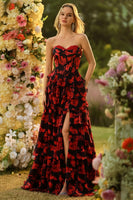 Laden Sie das Bild in den Galerie-Viewer, Schwarze Rote Blume A-Linie Herzausschnitt Korsett Rüschen Langes Ballkleid mit Schlitz