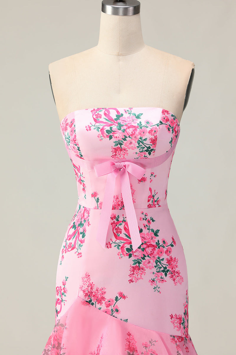 Laden Sie das Bild in den Galerie-Viewer, Rosa Blume Trägerloses Gestuftes Meerjungfrauen Langes Ballkleid mit Rüschen