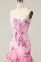 Laden Sie das Bild in den Galerie-Viewer, Weiß-Blaue Blume Meerjungfrau Trägerloses Langes Ballkleid mit Rüschen