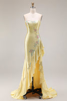 Laden Sie das Bild in den Galerie-Viewer, Gelbes Perlen Meerjungfrauen Langes Ballkleid mit Rüschen und Schlitz