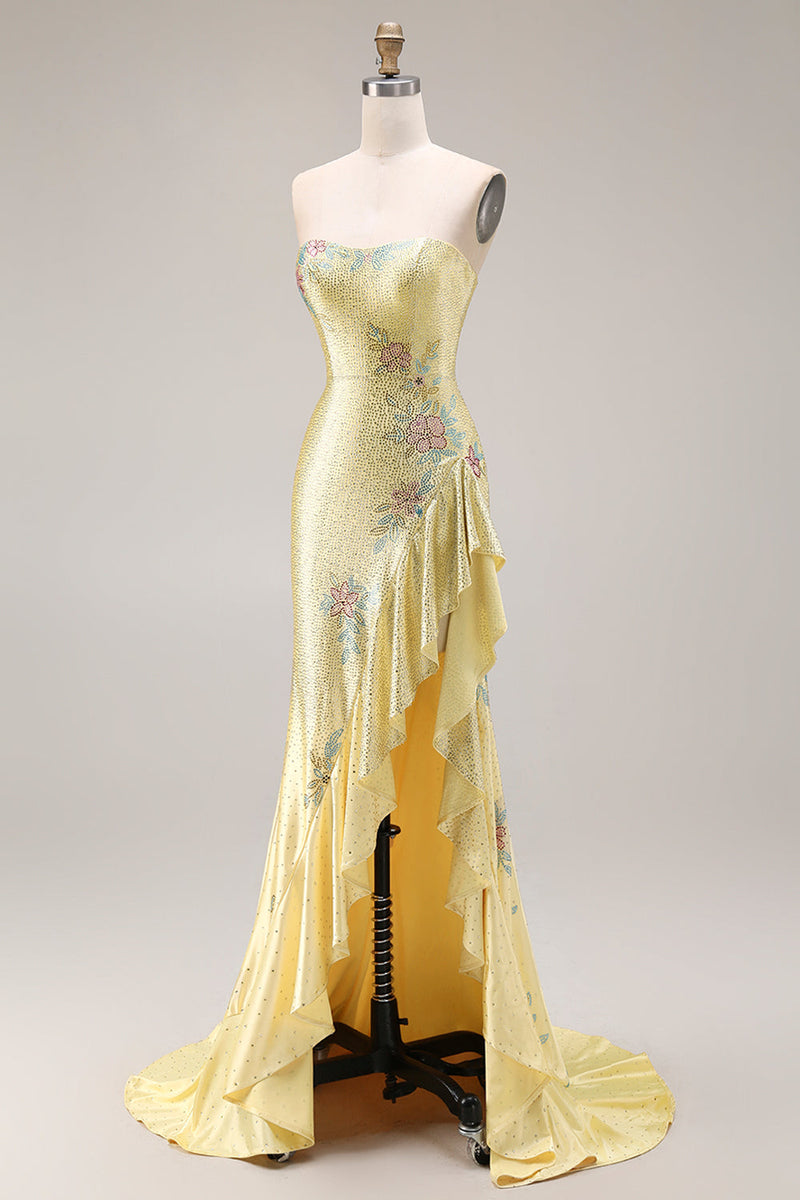Laden Sie das Bild in den Galerie-Viewer, Gelbes Perlen Meerjungfrauen Langes Ballkleid mit Rüschen und Schlitz