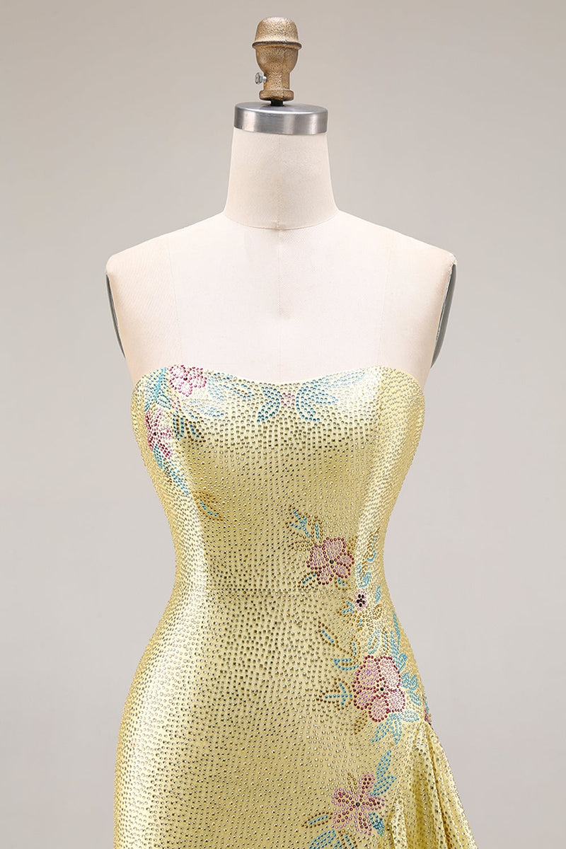 Laden Sie das Bild in den Galerie-Viewer, Gelbes Perlen Meerjungfrauen Langes Ballkleid mit Rüschen und Schlitz