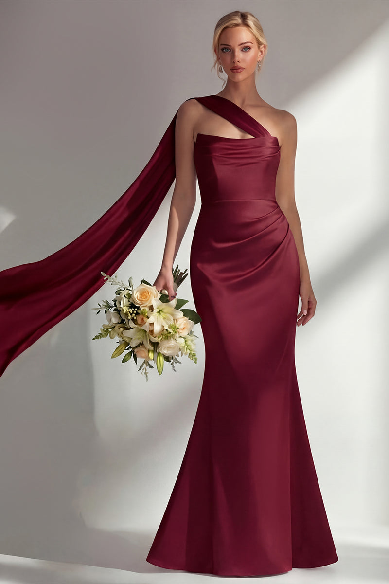 Laden Sie das Bild in den Galerie-Viewer, Bordeauxrotes Trägerloses Meerjungfrauen Satin Konvertierbares Langes Ballkleid mit Girlande
