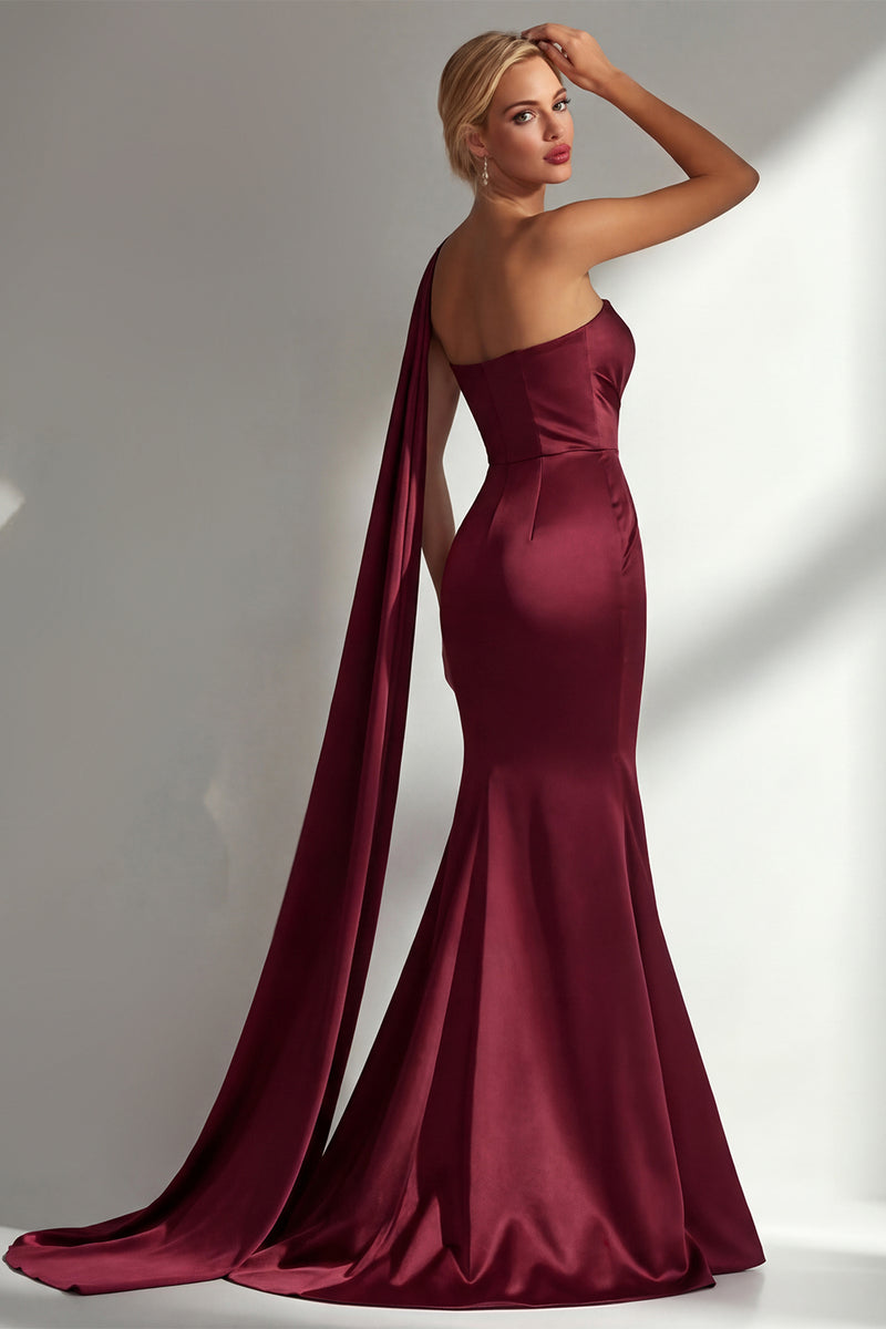 Laden Sie das Bild in den Galerie-Viewer, Bordeauxrotes Trägerloses Meerjungfrauen Satin Konvertierbares Langes Ballkleid mit Girlande
