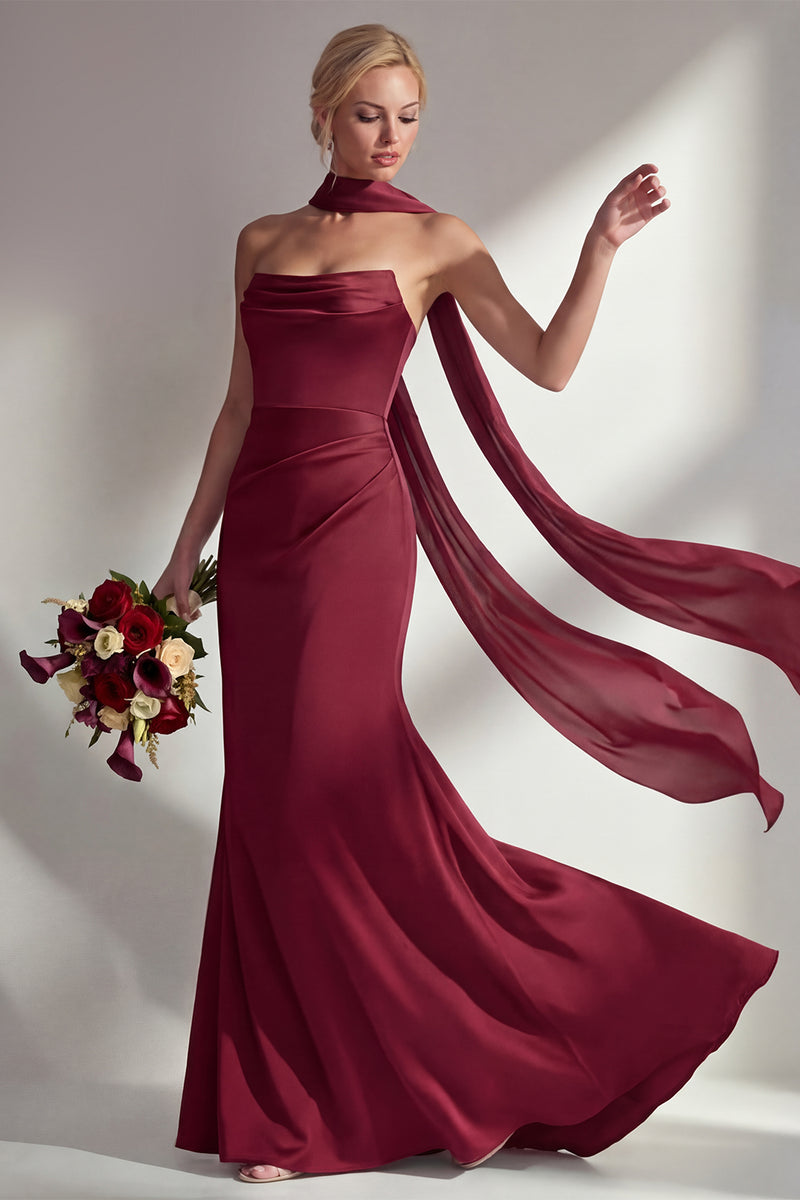 Laden Sie das Bild in den Galerie-Viewer, Bordeauxrotes Trägerloses Meerjungfrauen Satin Konvertierbares Langes Ballkleid mit Girlande