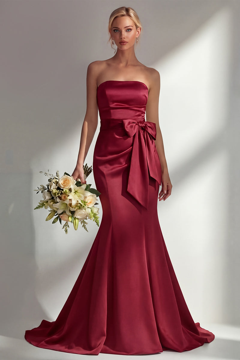 Laden Sie das Bild in den Galerie-Viewer, Bordeauxrotes Trägerloses Meerjungfrauen Satin Konvertierbares Langes Ballkleid mit Girlande