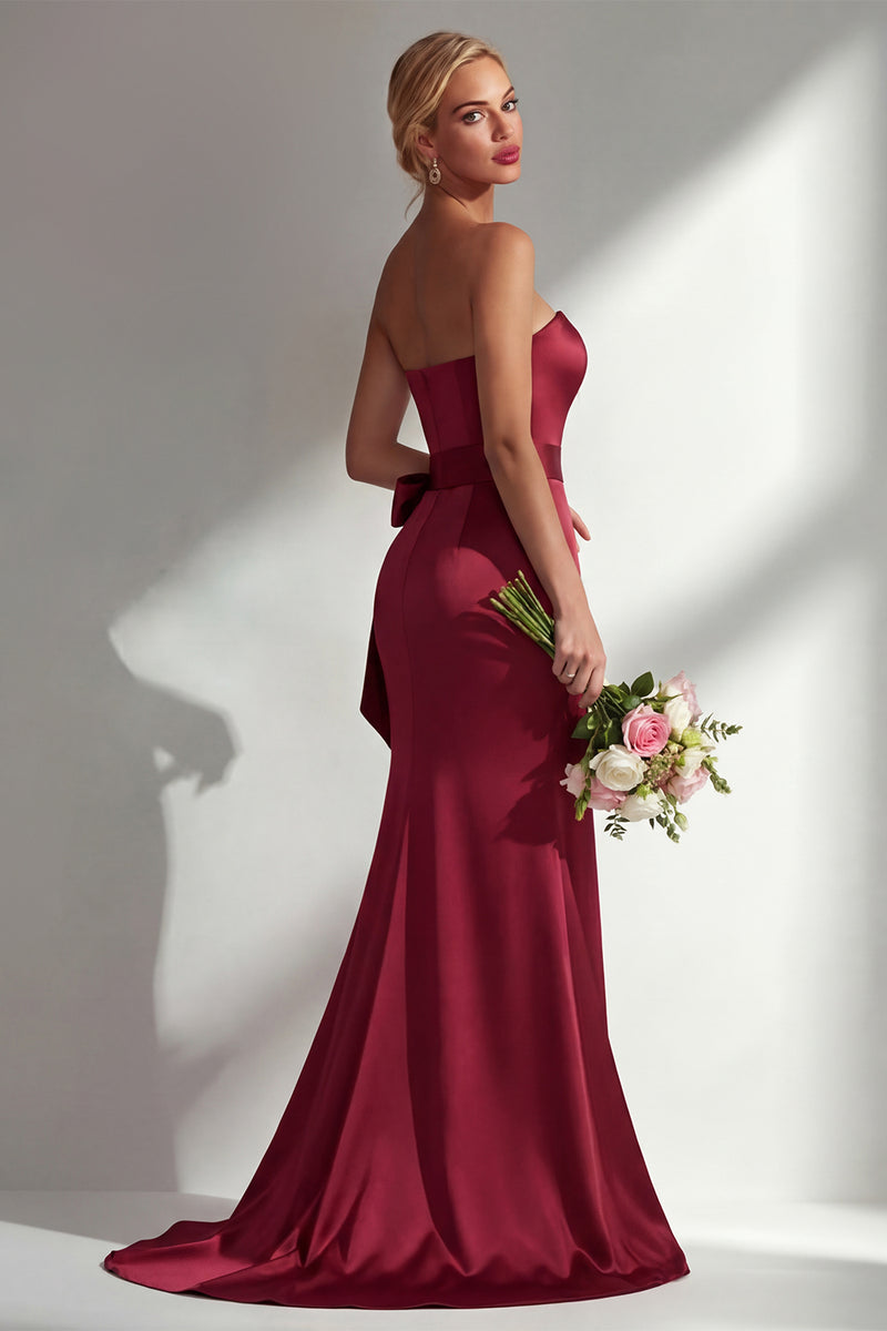Laden Sie das Bild in den Galerie-Viewer, Bordeauxrotes Trägerloses Meerjungfrauen Satin Konvertierbares Langes Ballkleid mit Girlande