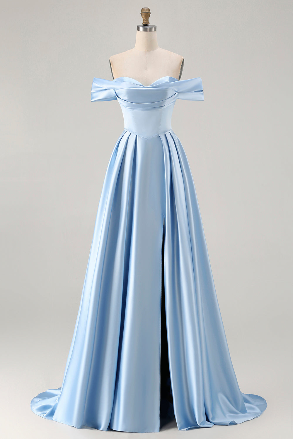 Blaues A-Linie Schulterfreies Satin Langes Brautjungfernkleid mit Schlitz