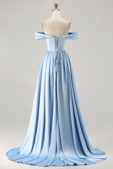 Blaues A-Linie Schulterfreies Satin Langes Brautjungfernkleid mit Schlitz