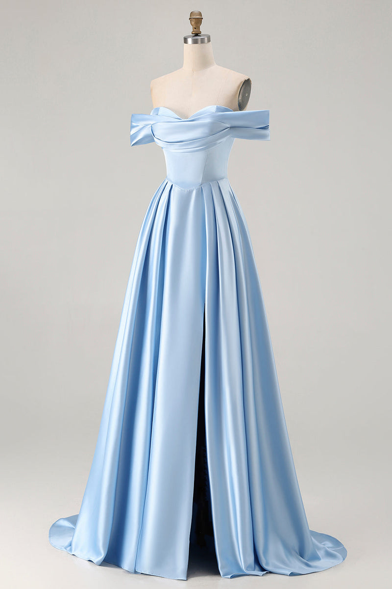 Laden Sie das Bild in den Galerie-Viewer, Blaues A-Linie Schulterfreies Satin Langes Brautjungfernkleid mit Schlitz