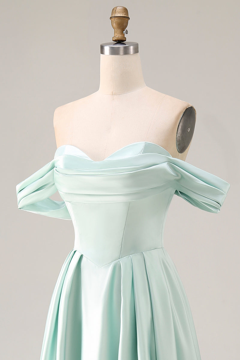 Laden Sie das Bild in den Galerie-Viewer, Blaues A-Linie Schulterfreies Satin Langes Brautjungfernkleid mit Schlitz