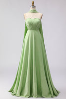 Laden Sie das Bild in den Galerie-Viewer, Grün Weiße Punkte A-Linie Trägerloses Plissiertes Wendebares Langes Brautjungfernkleid