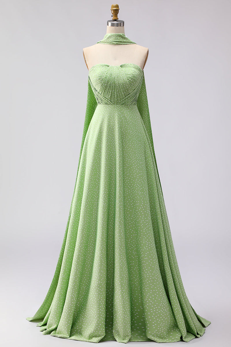 Laden Sie das Bild in den Galerie-Viewer, Grün Weiße Punkte A-Linie Trägerloses Plissiertes Wendebares Langes Brautjungfernkleid
