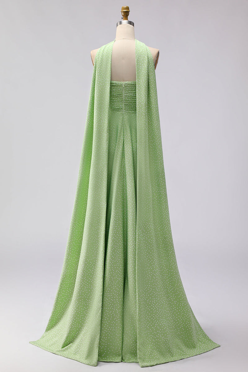 Laden Sie das Bild in den Galerie-Viewer, Grün Weiße Punkte A-Linie Trägerloses Plissiertes Wendebares Langes Brautjungfernkleid