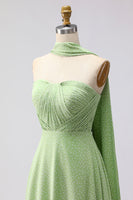 Laden Sie das Bild in den Galerie-Viewer, Grün Weiße Punkte A-Linie Trägerloses Plissiertes Wendebares Langes Brautjungfernkleid