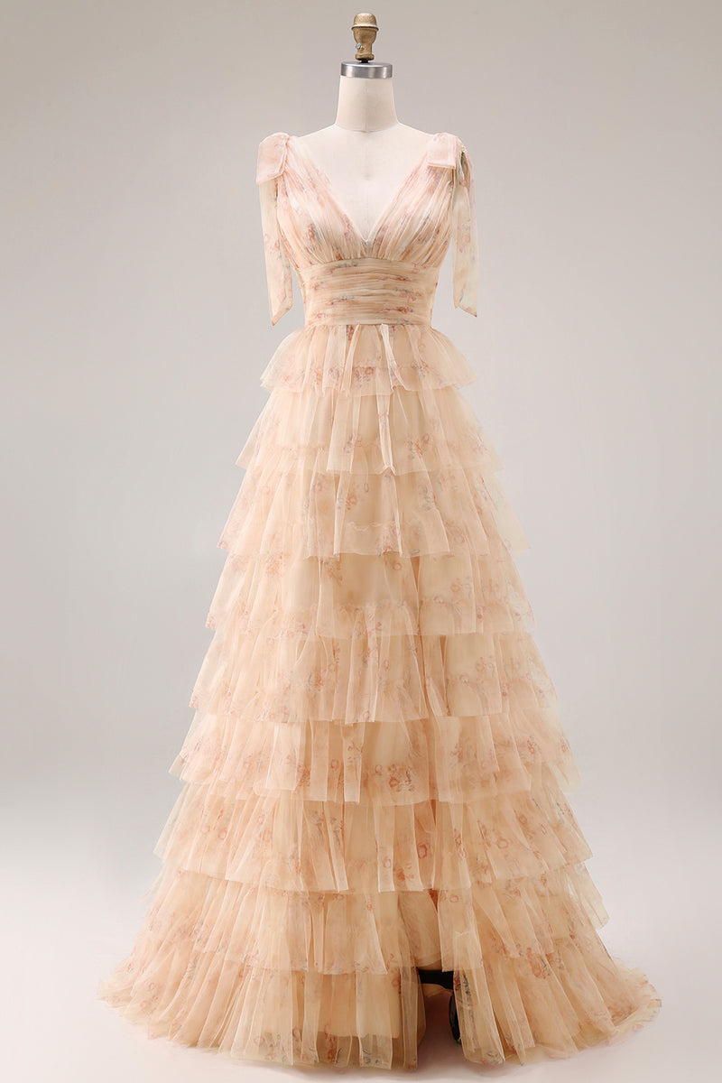 Laden Sie das Bild in den Galerie-Viewer, Grünes A-Linie Gestuftes Rüschen Langes Ballkleid mit Schlitz