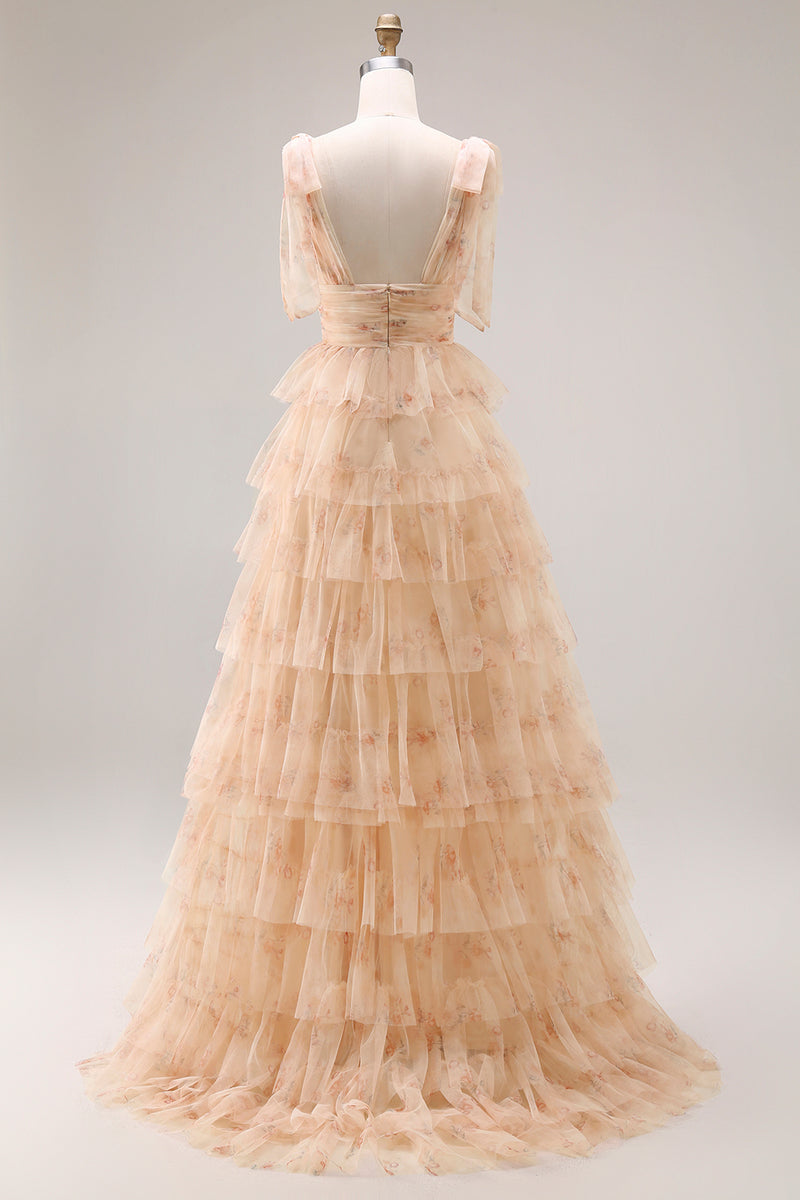 Laden Sie das Bild in den Galerie-Viewer, Grünes A-Linie Gestuftes Rüschen Langes Ballkleid mit Schlitz