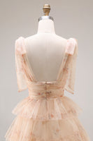 Laden Sie das Bild in den Galerie-Viewer, Grünes A-Linie Gestuftes Rüschen Langes Ballkleid mit Schlitz