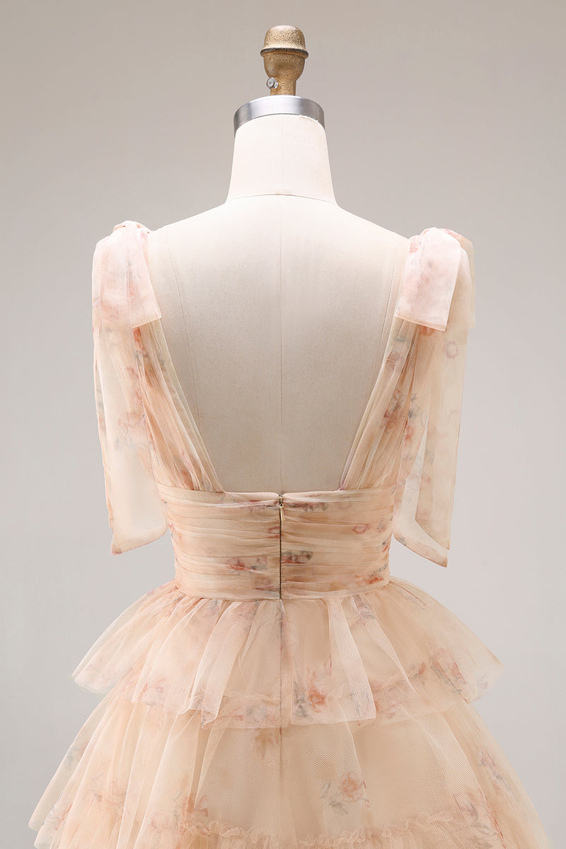 Laden Sie das Bild in den Galerie-Viewer, Grünes A-Linie Gestuftes Rüschen Langes Ballkleid mit Schlitz