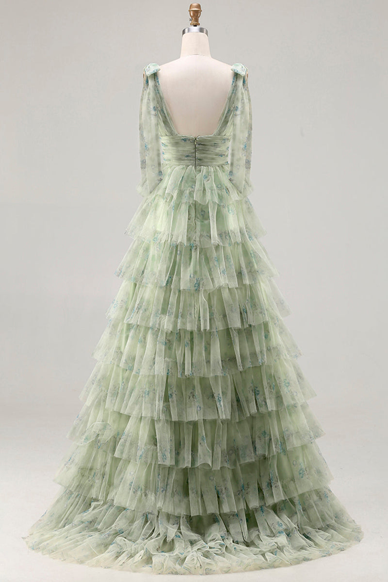 Laden Sie das Bild in den Galerie-Viewer, Grünes A-Linie Gestuftes Rüschen Langes Ballkleid mit Schlitz