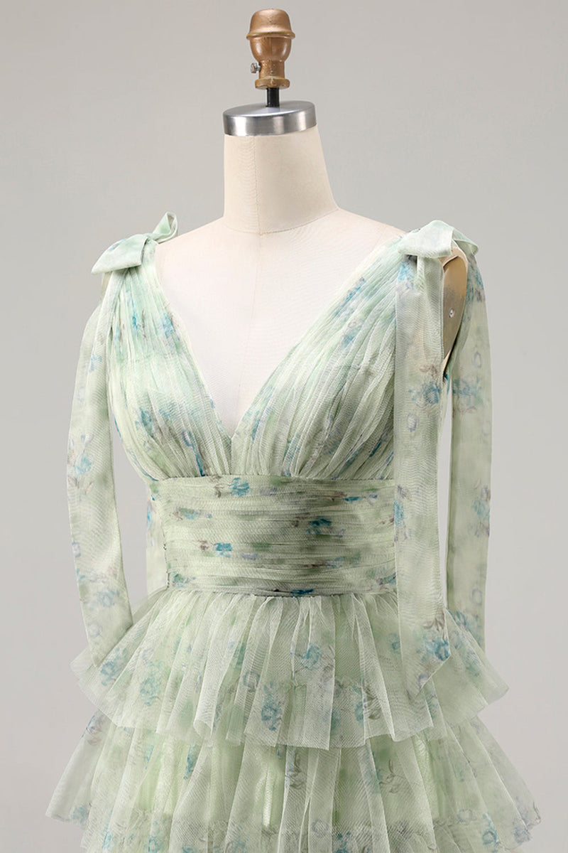 Laden Sie das Bild in den Galerie-Viewer, Grünes A-Linie Gestuftes Rüschen Langes Ballkleid mit Schlitz