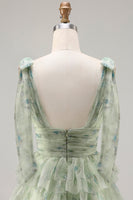 Laden Sie das Bild in den Galerie-Viewer, Grünes A-Linie Gestuftes Rüschen Langes Ballkleid mit Schlitz