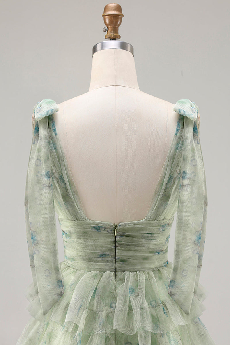 Laden Sie das Bild in den Galerie-Viewer, Grünes A-Linie Gestuftes Rüschen Langes Ballkleid mit Schlitz