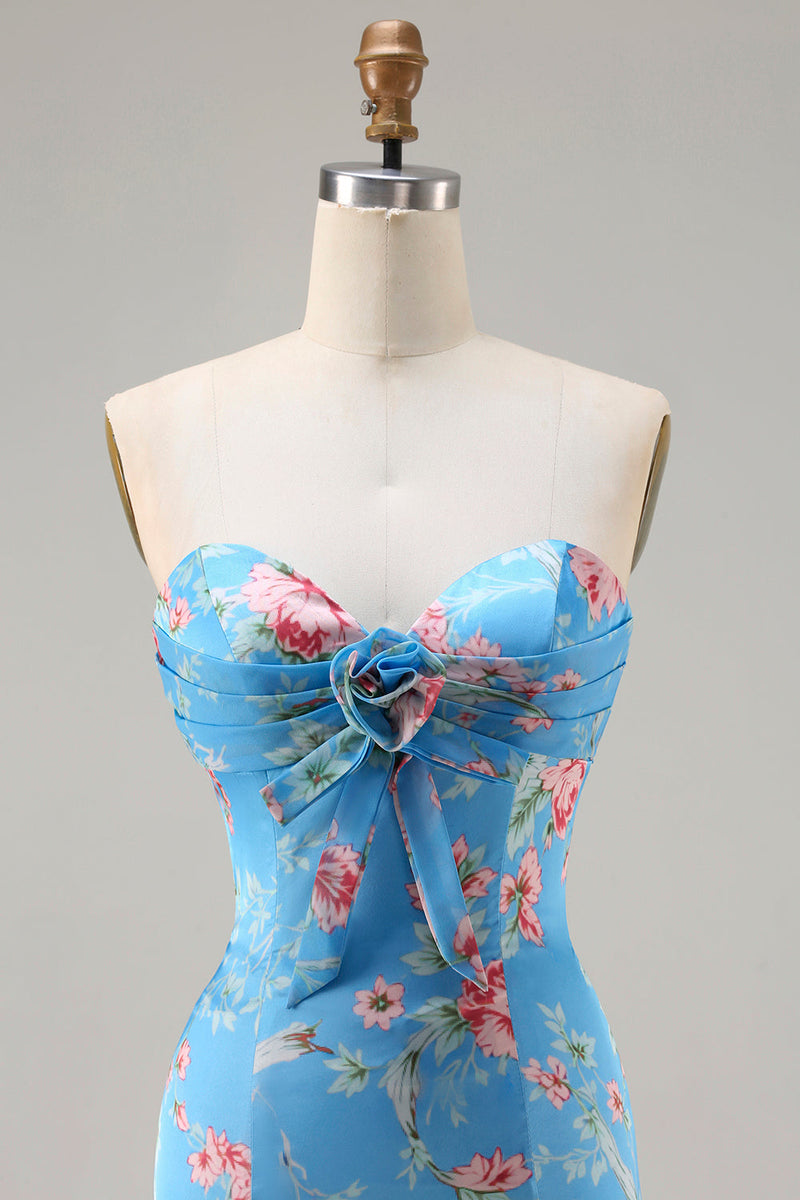 Laden Sie das Bild in den Galerie-Viewer, Blaues Blumen Meerjungfrauen Herzausschnitt Langes Ballkleid mit Rüschen und Schlitz