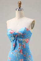 Laden Sie das Bild in den Galerie-Viewer, Blaues Blumen Meerjungfrauen Herzausschnitt Langes Ballkleid mit Rüschen und Schlitz