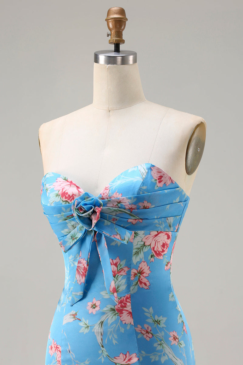 Laden Sie das Bild in den Galerie-Viewer, Blaues Blumen Meerjungfrauen Herzausschnitt Langes Ballkleid mit Rüschen und Schlitz