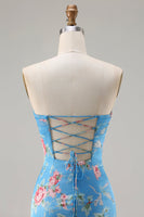 Laden Sie das Bild in den Galerie-Viewer, Blaues Blumen Meerjungfrauen Herzausschnitt Langes Ballkleid mit Rüschen und Schlitz