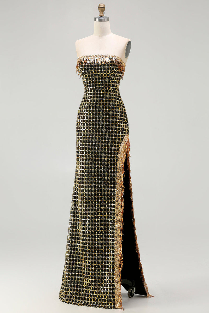 Laden Sie das Bild in den Galerie-Viewer, Glitzerndes Schwarzes Goldenes Trägerloses Pailletten Langes Ballkleid mit Schlitz