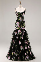 Laden Sie das Bild in den Galerie-Viewer, Schwarze Rosa Blumen Meerjungfrau Rüschen Pailletten Langes Ballkleid mit Schnürung