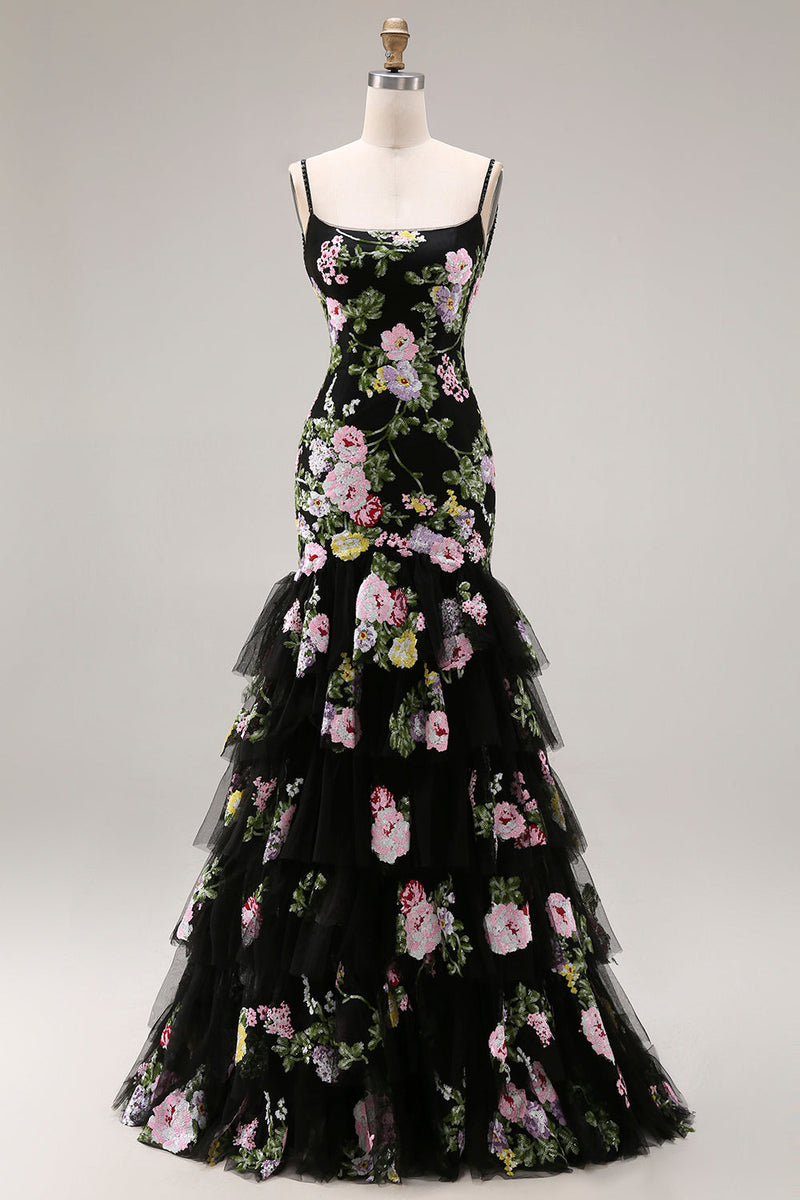 Laden Sie das Bild in den Galerie-Viewer, Schwarze Rosa Blumen Meerjungfrau Rüschen Pailletten Langes Ballkleid mit Schnürung