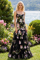 Laden Sie das Bild in den Galerie-Viewer, Schwarze Rosa Blumen Meerjungfrau Rüschen Pailletten Langes Ballkleid mit Schnürung