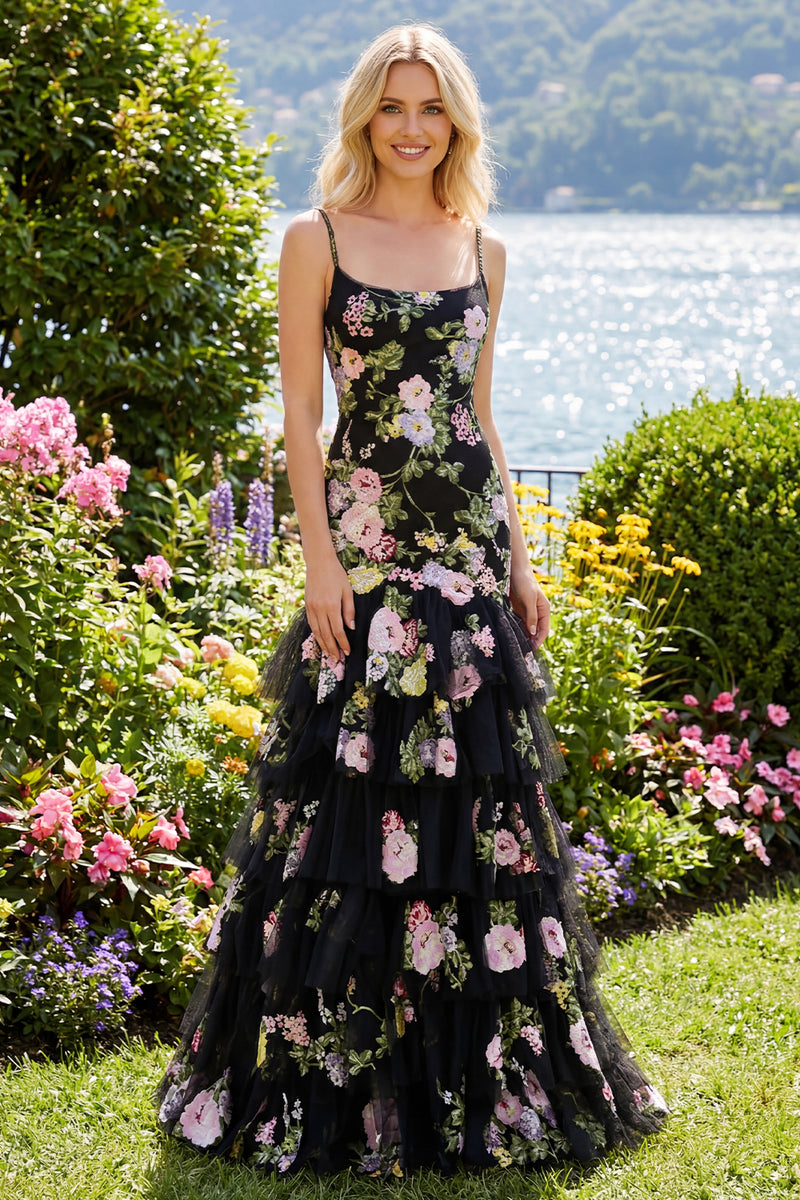 Laden Sie das Bild in den Galerie-Viewer, Schwarze Rosa Blumen Meerjungfrau Rüschen Pailletten Langes Ballkleid mit Schnürung