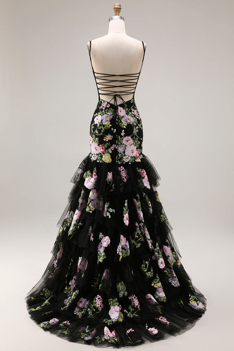 Laden Sie das Bild in den Galerie-Viewer, Schwarze Rosa Blumen Meerjungfrau Rüschen Pailletten Langes Ballkleid mit Schnürung