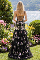 Laden Sie das Bild in den Galerie-Viewer, Schwarze Rosa Blumen Meerjungfrau Rüschen Pailletten Langes Ballkleid mit Schnürung