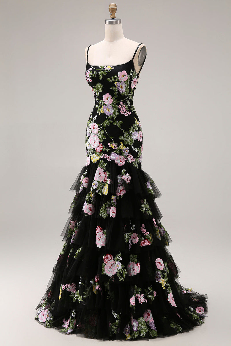 Laden Sie das Bild in den Galerie-Viewer, Schwarze Rosa Blumen Meerjungfrau Rüschen Pailletten Langes Ballkleid mit Schnürung