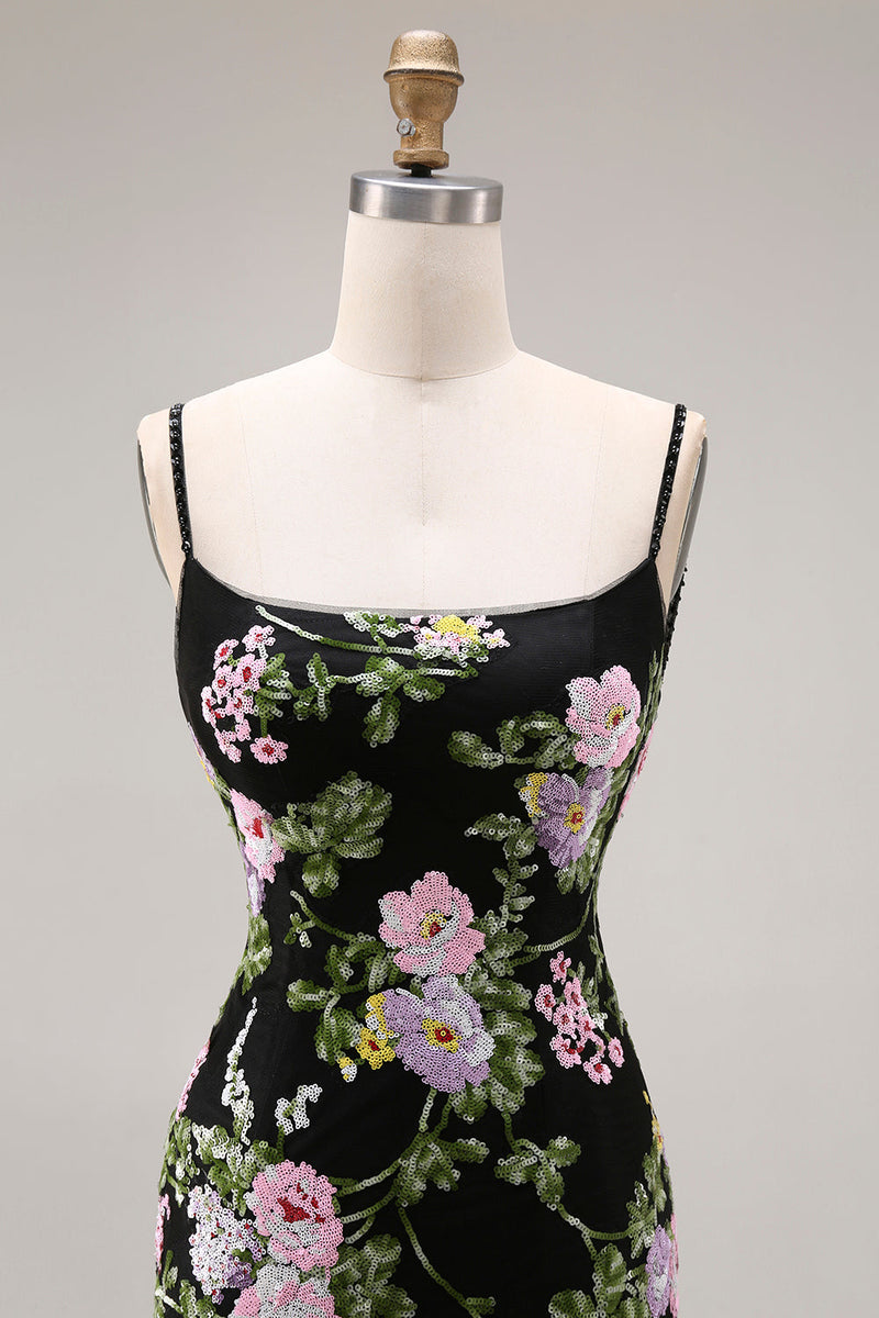 Laden Sie das Bild in den Galerie-Viewer, Schwarze Rosa Blumen Meerjungfrau Rüschen Pailletten Langes Ballkleid mit Schnürung