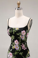 Laden Sie das Bild in den Galerie-Viewer, Schwarze Rosa Blumen Meerjungfrau Rüschen Pailletten Langes Ballkleid mit Schnürung