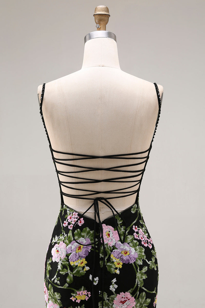 Laden Sie das Bild in den Galerie-Viewer, Schwarze Rosa Blumen Meerjungfrau Rüschen Pailletten Langes Ballkleid mit Schnürung