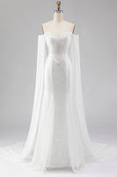 Laden Sie das Bild in den Galerie-Viewer, Weißes Meerjungfrauen Herzausschnitt Pailletten Langes Ballkleid mit Umhang