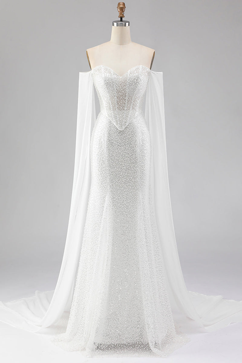 Laden Sie das Bild in den Galerie-Viewer, Weißes Meerjungfrauen Herzausschnitt Pailletten Langes Ballkleid mit Umhang